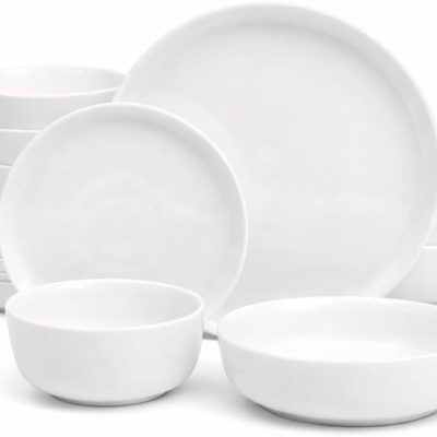 Pure White Scratch-Resistant Ceramic Dinnerware Set (16 pieces/4 servings), Microwave and Dishwasher Safe