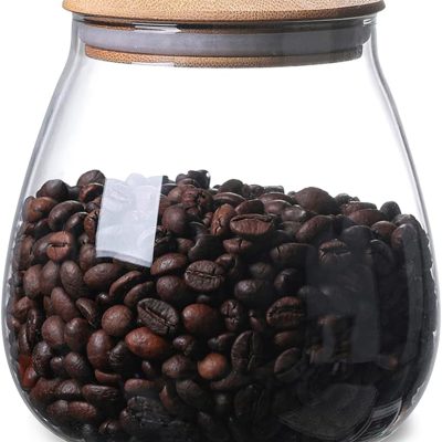 400 ML/13 FL OZ Clear Cute Glass Storage Canister Holder with Airtight Bamboo Lid, Round Modern Decorative Small Container Jar for Coffee, Spice, Candy, Salt, Cookie, Condiment, Pepper, Sugar