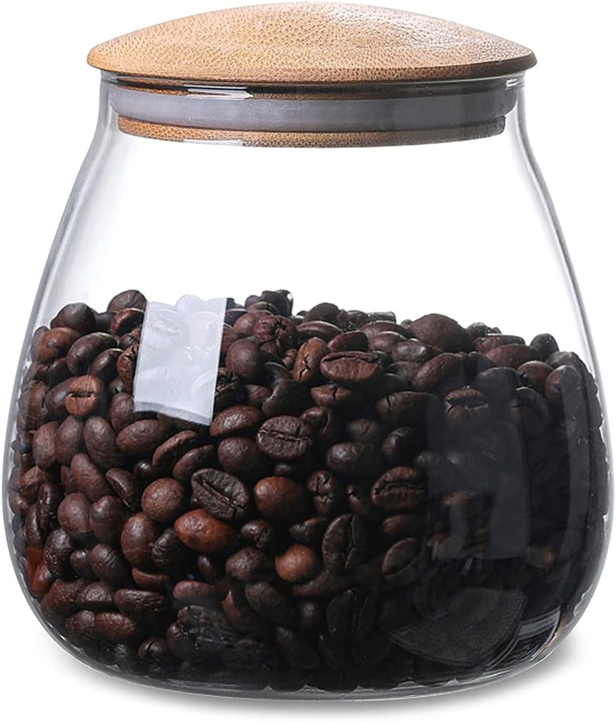 400 ML/13 FL OZ Clear Cute Glass Storage Canister Holder with Airtight Bamboo Lid, Round Modern Decorative Small Container Jar for Coffee, Spice, Candy, Salt, Cookie, Condiment, Pepper, Sugar