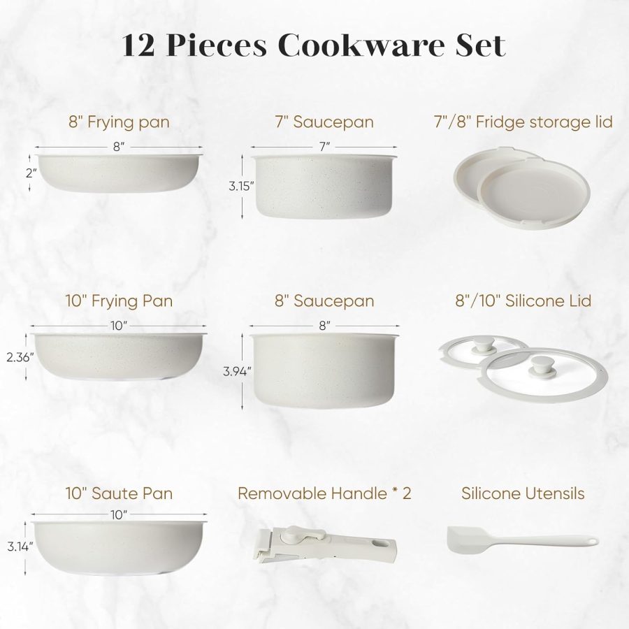 12 pcs Pots and Pans Set, Nonstick Kitchen Induction Cookware Suit with Detachable Handle, Dishwasher Oven Safe, Milky White