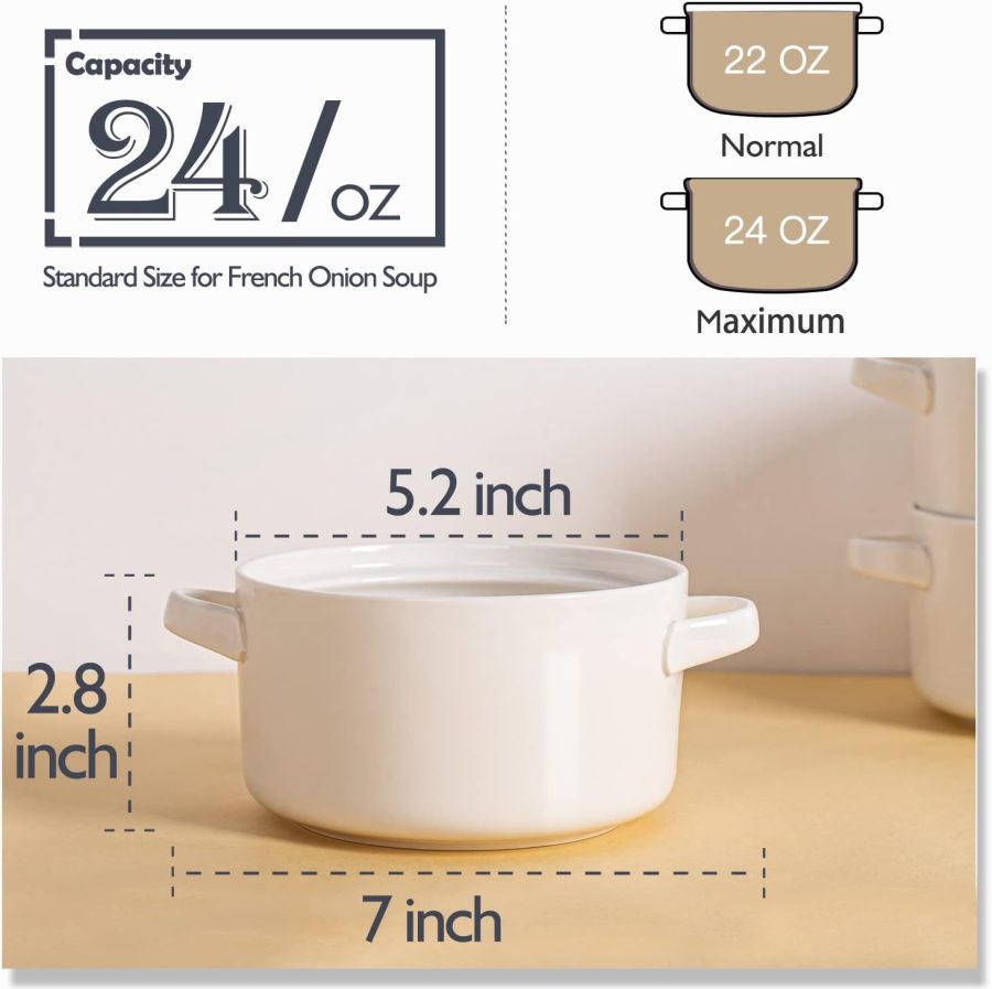 6 Pack Soup Bowls with Handles, 24 Oz Large Serving Soup Bowl Set, Ceramic Soup Crocks for French Onion Soup, Cereal, Chilli, Stew, Microwave and Oven Safe, White