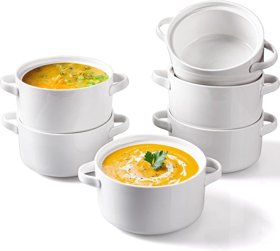 6 Pack Soup Bowls with Handles, 24 Oz Large Serving Soup Bowl Set, Ceramic Soup Crocks for French Onion Soup, Cereal, Chilli, Stew, Microwave and Oven Safe, White
