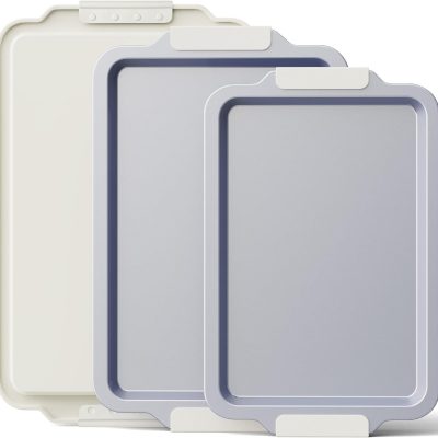 Non Stick Ceramic Baking Sheet Pan Set of 3, Natural Non Toxic Cookie Sheets for Baking - , Free, Heavy Duty Aluminized Steel Oven Trays for Cooking with Silicone Handles, Cream