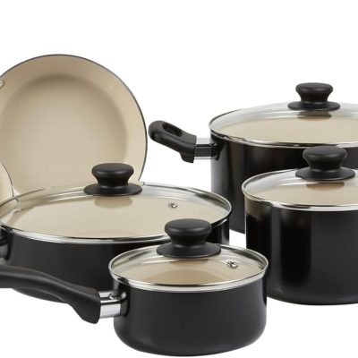 11-Piece Ceramic Non-Stick Pots and Pans Set, Dishwasher & Oven Safe, Non-Toxic, Easy Clean, Black/Cream