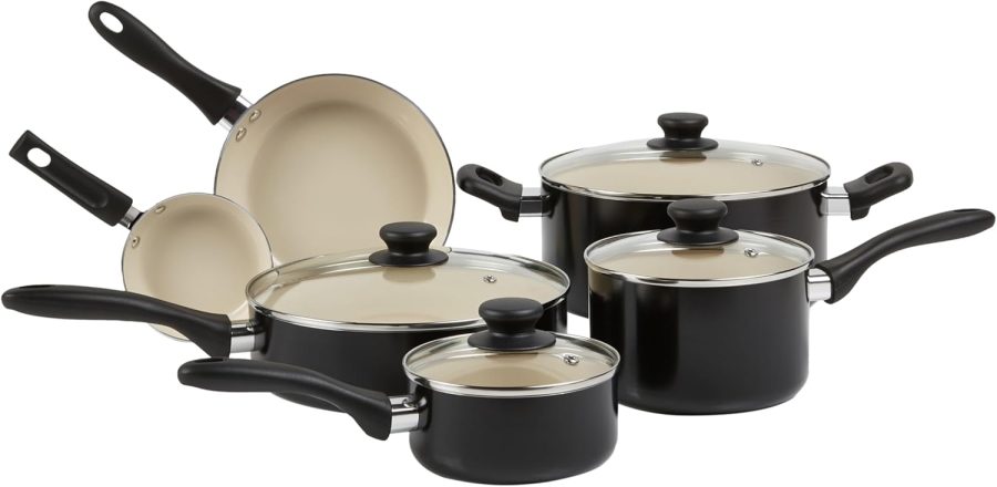 11-Piece Ceramic Non-Stick Pots and Pans Set, Dishwasher & Oven Safe, Non-Toxic, Easy Clean, Black/Cream