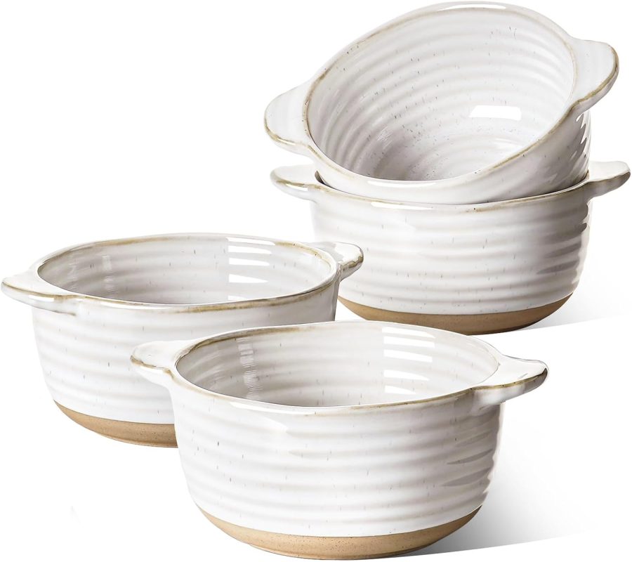 Soup Bowls with Handles, 20 oz French Onion Soup Crocks, Soup Bowl Oven Safe for Chili, Beef Stew, Ceramic Bowl Set - 5.5 Inch, Set of 4, tic White
