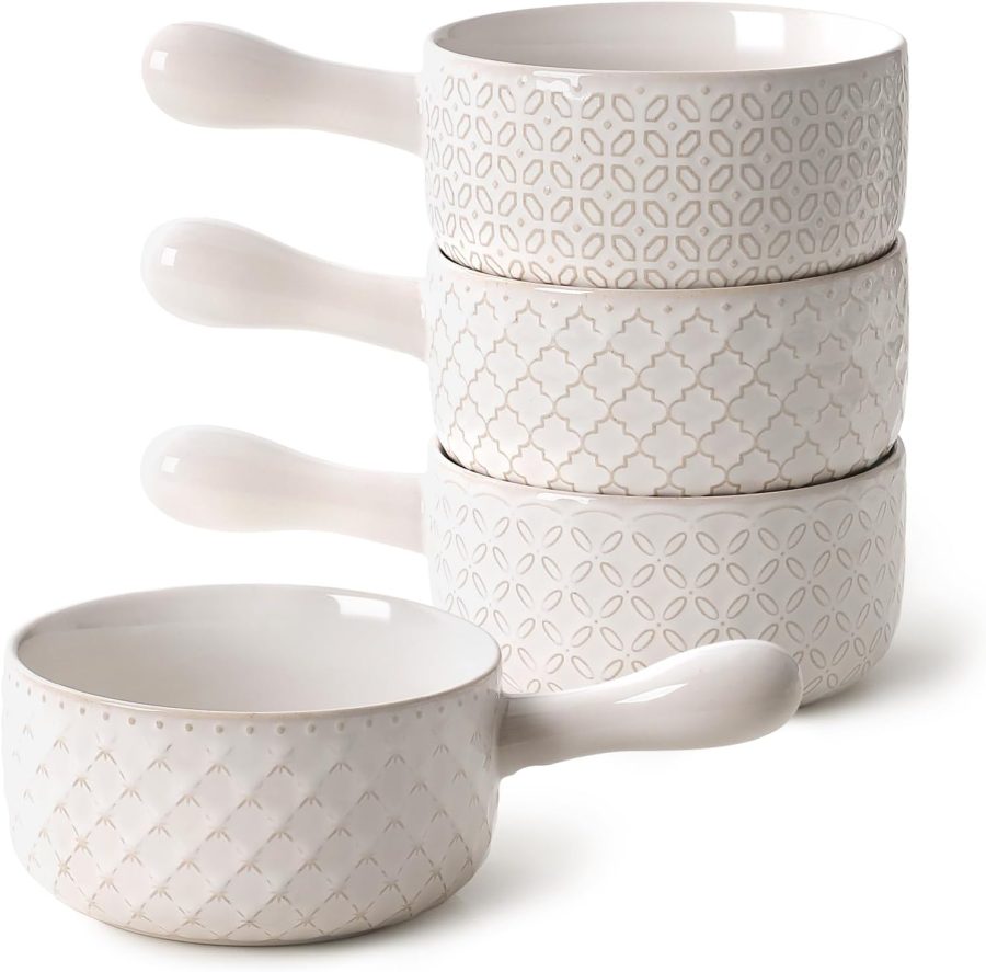 18 Oz Soup Bowls with Handles, Oven Safe Stackable Ceramic Soup Crocks for Chili, Beef Stew, Microwave & Dishwasher Safe Set of 4