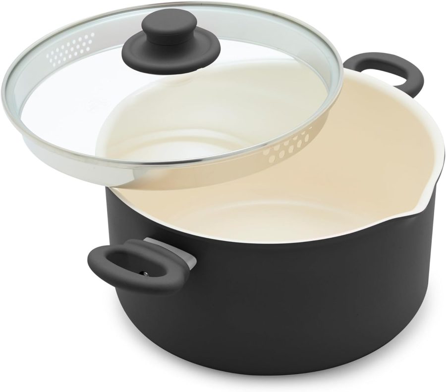 Ceramic Nonstick Stockpot with Glass Straining Lid, -Free, Dishwasher Safe, Stay-Cool Handles, Oven Safe to 350°F, Wobble-Free Base, Even Heating, Black