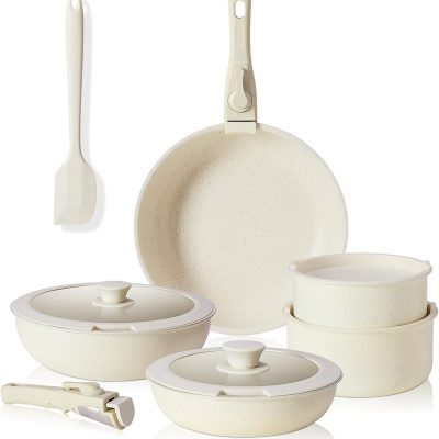 12 pcs Pots and Pans Set, Nonstick Kitchen Induction Cookware Suit with Detachable Handle, Dishwasher Oven Safe, Milky White