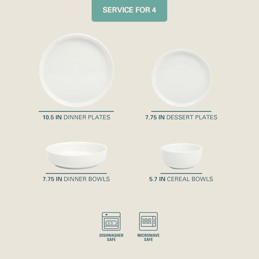 Pure White Scratch-Resistant Ceramic Dinnerware Set (16 pieces/4 servings), Microwave and Dishwasher Safe