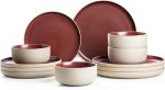 Handcrafted reactive glaze ceramic dinnerware set (12 pieces/4 servings), containing recycled ceramic components, retaining the original texture of the clay (Angola Red)