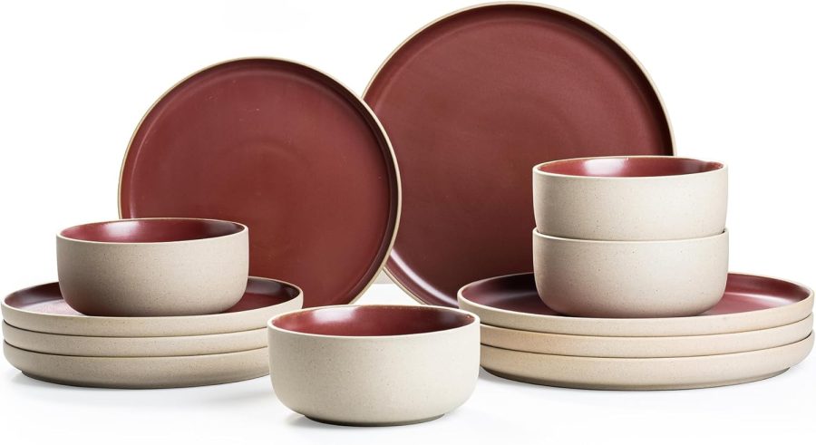 Handcrafted reactive glaze ceramic dinnerware set (12 pieces/4 servings), containing recycled ceramic components, retaining the original texture of the clay (Angola Red)
