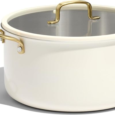 Full Clad Tri Ply Stainless Steel Stock Pot with Lid, Kitchen Stockpot Soup Pot, Outer Ceramic Layer, Even Heating, All Stoves Compatible, Oven & Dishwasher Safe, Stay Cool Handle, White