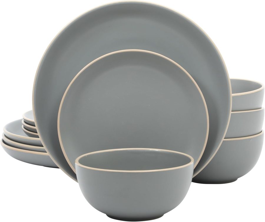 Matte Finish Gray Ceramic Dinnerware Set (12 pieces/4 servings), Simple Modern Design, Microwave and Dishwasher Safe