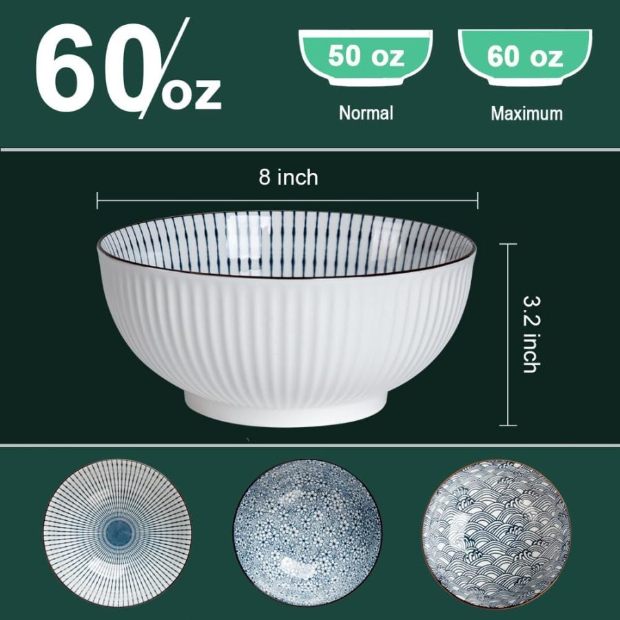 60 oz Large Soup Bowl, Pho Bowls, Japanese Ramen Bowls Set of 3, 8 in Blue and White Porcelain Big Bowls for Eating - 3 Mixing Patterns