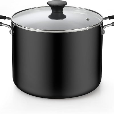 Nonstick Stockpot with Lid 10.5-Qt, Deep Cooking Pot Cookware Canning Stock Pot with Glass Lid, Black