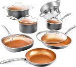12 Pc Ceramic Cookware Set Nonstick, Ceramic Pots and Pans Set Non Stick with Steamer for Cooking, Non Toxic Free, Ergonomic Stay Cool Handles, Oven & Dishwasher Safe, Copper