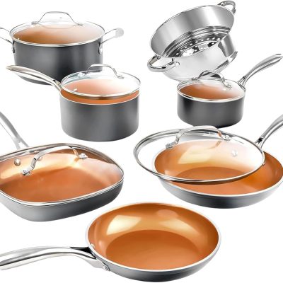 12 Pc Ceramic Cookware Set Nonstick, Ceramic Pots and Pans Set Non Stick with Steamer for Cooking, Non Toxic   Free, Ergonomic Stay Cool Handles, Oven & Dishwasher Safe, Copper