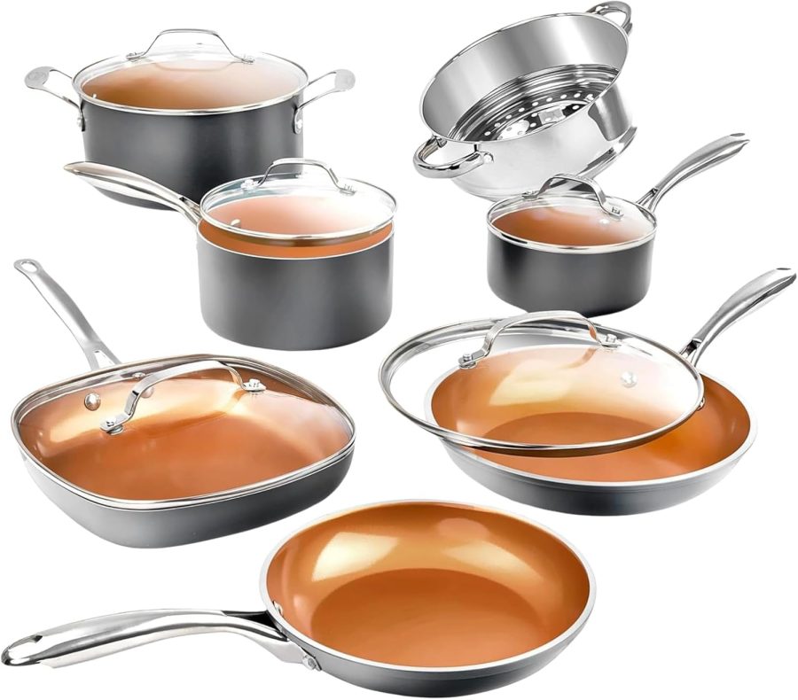 12 Pc Ceramic Cookware Set Nonstick, Ceramic Pots and Pans Set Non Stick with Steamer for Cooking, Non Toxic Free, Ergonomic Stay Cool Handles, Oven & Dishwasher Safe, Copper