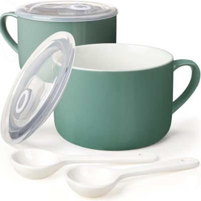 Soup Bowls with Handles & Spoons, 30oz Ceramic Ramen Bowl with Lid, Large Soup Mugs/Cups for Instant Noodle, Big Cereal Bowls for Oatmeal, Soup Containers with Lids, Set of 2, Teal Blue