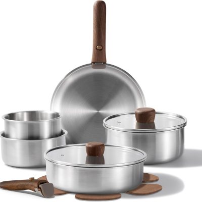 13pcs Tri-Ply Stainless Steel Cookware Set with Detachable Handle, Pots and Pans Set, Induction Kitchen Cooking Sets, RV/Camping Cookware, Oven Safe, Woodgrain Style