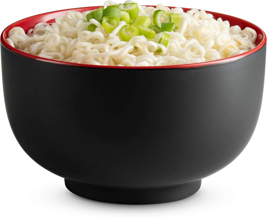Ramen Bowl, Japanese Bowls, Noodle Bowls, Large Soup Bowl, Ceramic, Large Capacity, For Ramen, Pho, Udon, Soba, Microwave and Dishwasher Safe, 34 oz, Set of 4 (Black/Red)
