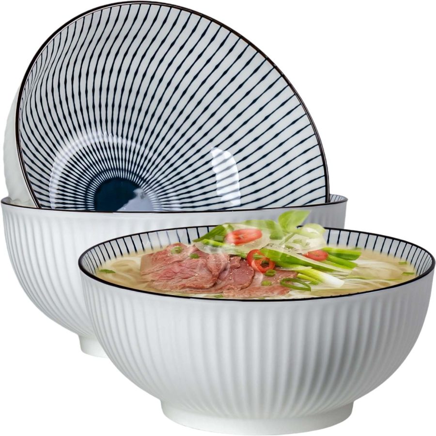 Large Soup Bowls, Pho & Ramen Set of 3, 60 oz Blue & White Porcelain Big Bowls - Striped Pattern