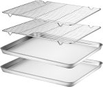 Baking Sheet & Rack Set [2 Sheets + 2 Racks], Stainless Steel Cookie Pan with Cooling Rack, Size 16 x 12 x 1 Inch, Non Toxic & Heavy Duty & Easy Clean