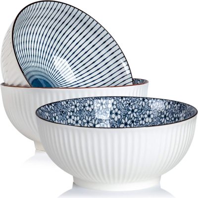 60 oz Large Soup Bowl, Pho Bowls, Japanese Ramen Bowls Set of 3, 8 in Blue and White Porcelain Big Bowls for Eating - 3 Mixing Patterns