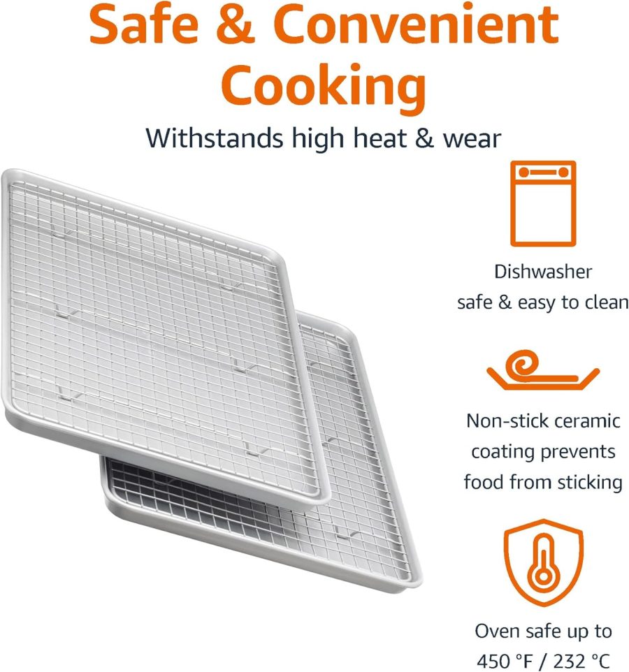 Ceramic Nonstick Baking Sheets & Cooling Rack Set, Non-Toxic, Half Sheet Size, 2-Pack, Gray