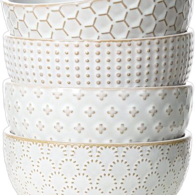 Cereal bowls 26 oz, Ceramic Soup Bowl for Kitchen, Embossment Stoneware Bowl for Pho, Chip, Fruits, Salad, Noodle, Ramen, Suit For Housewarming - 6 Inch, Set of 4, tic white
