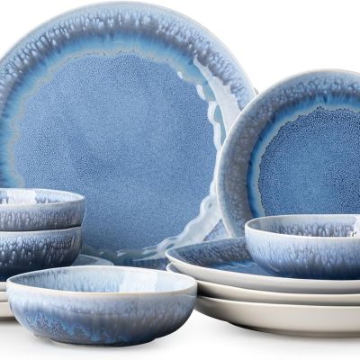Modern reactive glaze ceramic dinnerware set (12 pieces/4 servings), sky blue design, includes high-quality plates and bowls