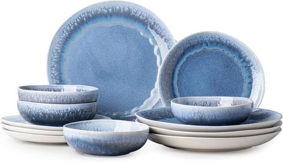 Modern reactive glaze ceramic dinnerware set (12 pieces/4 servings), sky blue design, includes high-quality plates and bowls