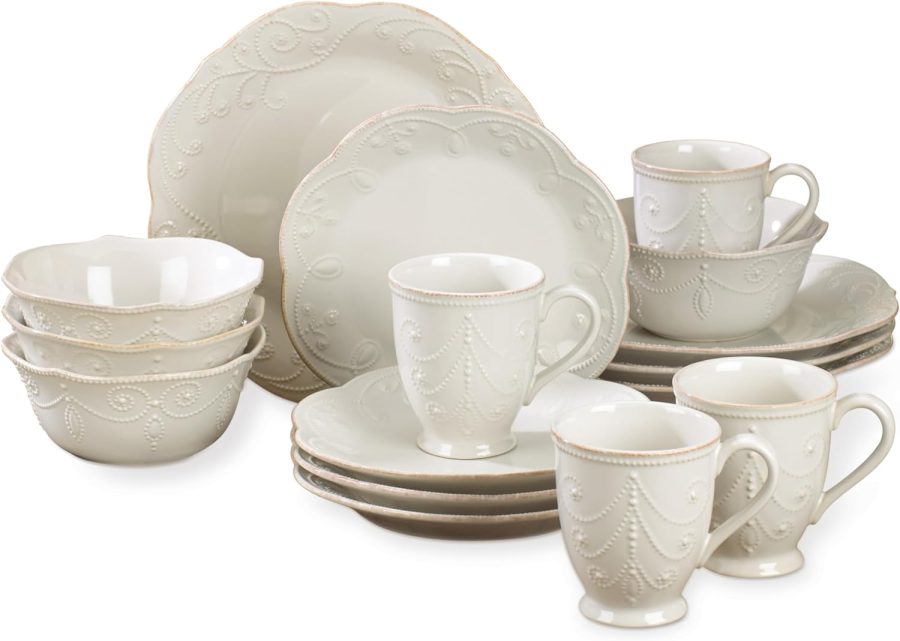Pure white ceramic dinnerware set (16 pieces/4 servings), includes plates, bowls and mugs, dishwasher and microwave safe