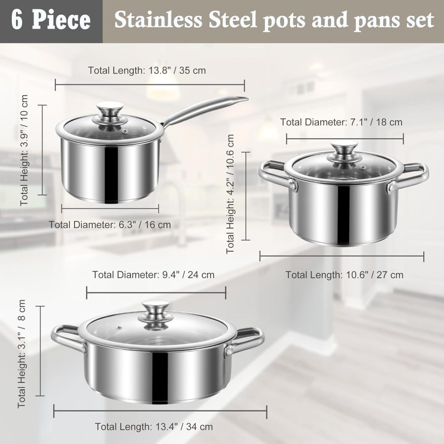 Stainless Steel pots and pans set, 6 Piece Nonstick Induction Kitchen Cookware Set, Works with Induction/Electric and Gas Cooktops, Nonstick, Oven Safe, Camping Cookware