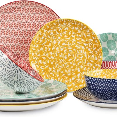 Multi-Color Mixed Ceramic Dinnerware Set (12 pieces/4 servings), Scratch-Resistant Design, Microwave and Dishwasher Safe