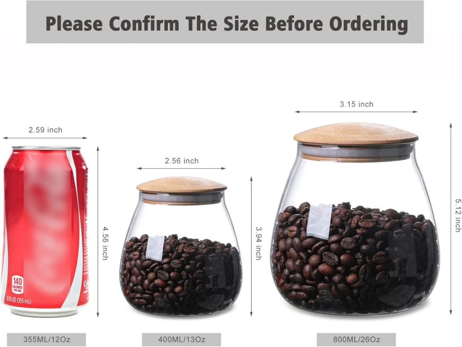 400 ML/13 FL OZ Clear Cute Glass Storage Canister Holder with Airtight Bamboo Lid, Round Modern Decorative Small Container Jar for Coffee, Spice, Candy, Salt, Cookie, Condiment, Pepper, Sugar
