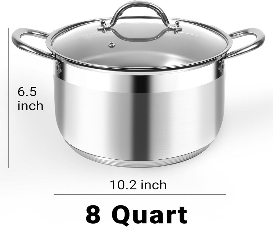 Stainless Steel Stock Pot - 8 Quart Heavy Duty Induction Cooking Pot with Visible Lid for Pasta, Soup, Spaghetti, Nonstick Thick Bottom Big Stockpot, Deep Cookware for Canning, Boiling, Simmer