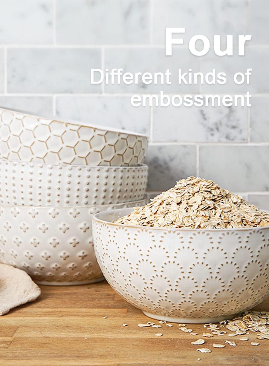 Cereal bowls 26 oz, Ceramic Soup Bowl for Kitchen, Embossment Stoneware Bowl for Pho, Chip, Fruits, Salad, Noodle, Ramen, Suit For Housewarming - 6 Inch, Set of 4, tic white