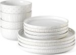 Embossed Ceramic Dinnerware Set (12 pieces/4 servings), Ivory White, Crack and Scratch Resistant