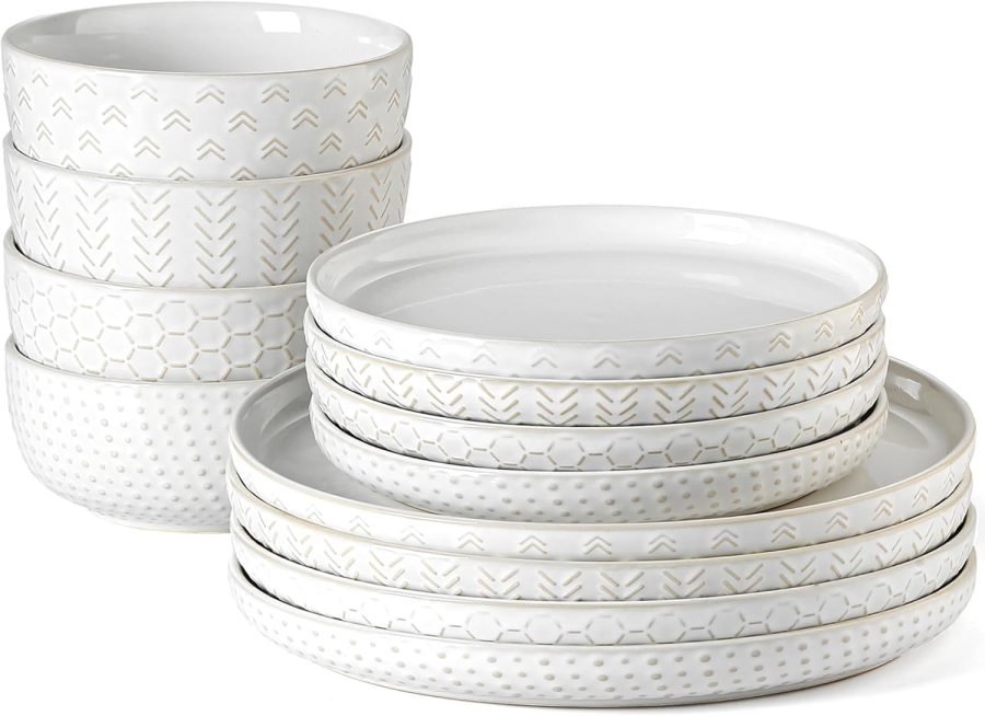 Embossed Ceramic Dinnerware Set (12 pieces/4 servings), Ivory White, Crack and Scratch Resistant