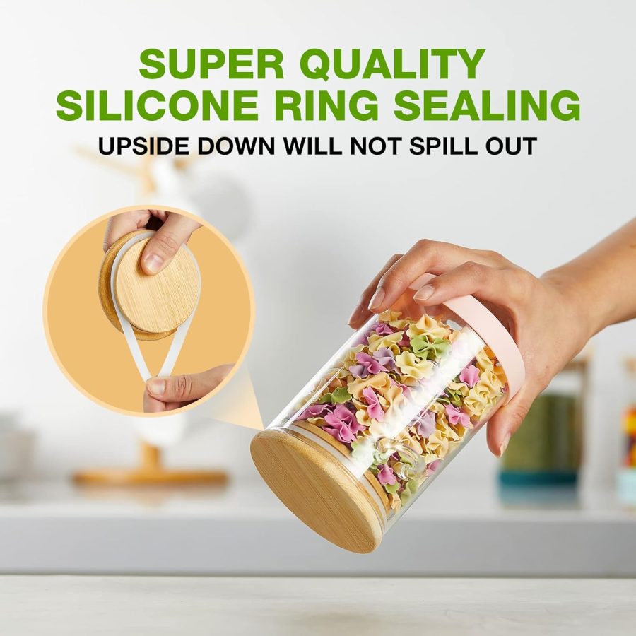 Set of 4 Airtight Glass Jars with Bamboo Lids & Spoons, 17 oz Borosilicate Overnight Oats Containers with Lids, Clear Food Storage Canister for Cookie, Candy, Coffee, Sugar, Matcha Tea, Flour