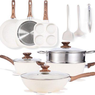 17-Piece Cookware Set, Nonstick & Non-Toxic Pots and Pans with Stay-Cool Handles, Induction Compatible, Cream White