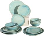 Modern blue ceramic dinnerware set (12 pieces/4 servings), stackable design, suitable for microwave, dishwasher and oven