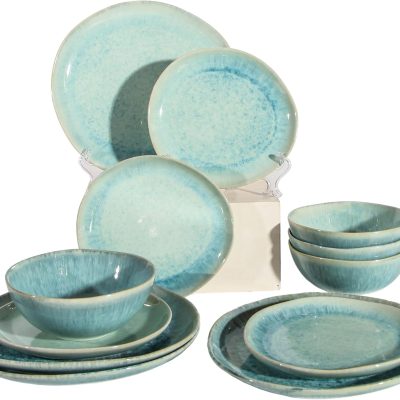 Modern blue ceramic dinnerware set (12 pieces/4 servings), stackable design, suitable for microwave, dishwasher and oven