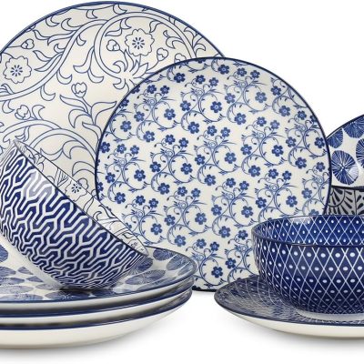 Vintage Blue Ceramic Dinnerware Set (12 pieces/4 servings), Scratch-Resistant Surface, Microwave and Dishwasher Safe