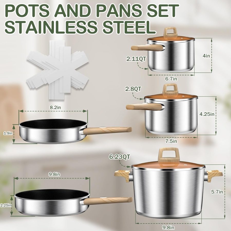 Stainless Steel Cookware Set 13PCS, Pots and Pans Set, Induction Cookware, Kitchen Cooking Set, Heavy Duty, Tri-Ply Base, Dishwasher Safe