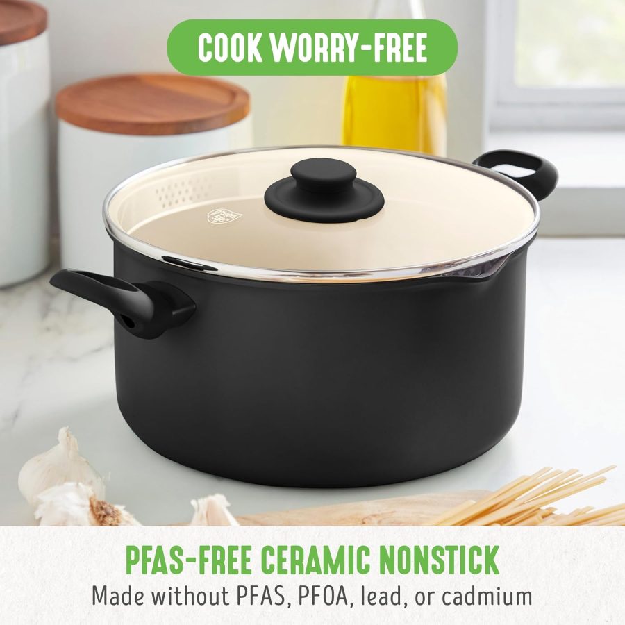 Ceramic Nonstick Stockpot with Glass Straining Lid, -Free, Dishwasher Safe, Stay-Cool Handles, Oven Safe to 350°F, Wobble-Free Base, Even Heating, Black