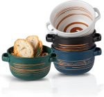 French Onion Soup Bowls with Handles,32 Oz Ceramic Soup Serving Bowl Crocks for Cereal,Ramen,Chilli, stews,Pot Pies,Oven Safe - Set of 4
