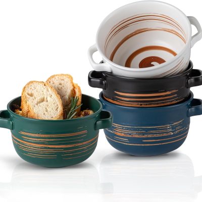 French Onion Soup Bowls with Handles,32 Oz Ceramic Soup Serving Bowl Crocks for Cereal,Ramen,Chilli, stews,Pot Pies,Oven Safe - Set of 4
